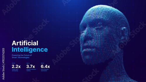 Digital Face Identity Visualization with Wireframe Geometry and Particle Flow. Artificial Intelligence and Biometric Security Concept in Futuristic Style. Vector Illustration. 