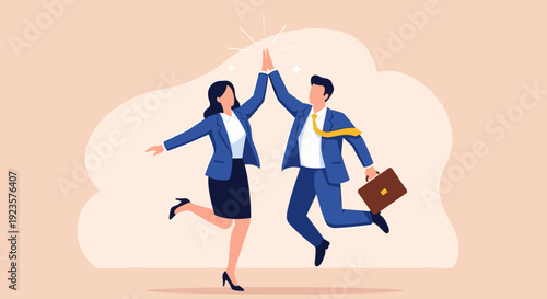 Energetic Business Duo High-Fiving in Celebration, Flat Vector Illustration for Teamwork, Success, and Achievement in Corporate or Startup Environments
