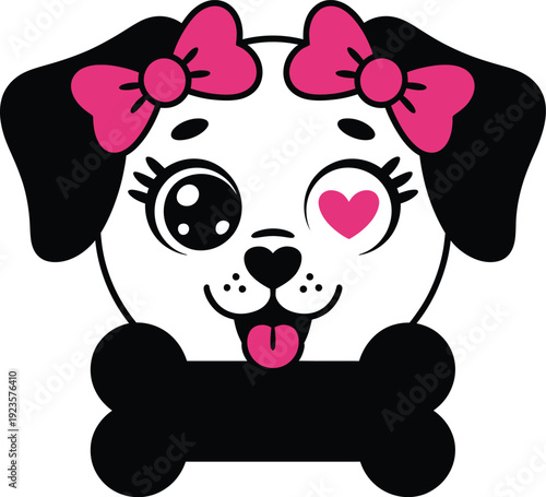 Cute cartoon puppy dog face with pink bows and heart eye, black and white illustration with pink accents, perfect for kids design