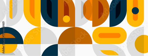 Abstract geometric pattern. Overlapping shapes create midcentury modern aesthetic. Warm colors dominate design. Simple forms repeat.