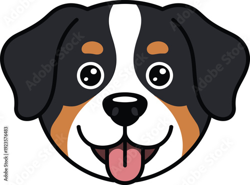 Cute cartoon head of a bernese mountain dog puppy with a happy expression and tongue sticking out, simple vector illustration