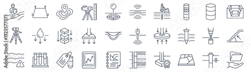 Site survey and geotechnical prep line icon set. Boundary plot, topographic contours, drilling rig, borehole core, cone penetration test, plate load, soil profile outline vector illustrations.