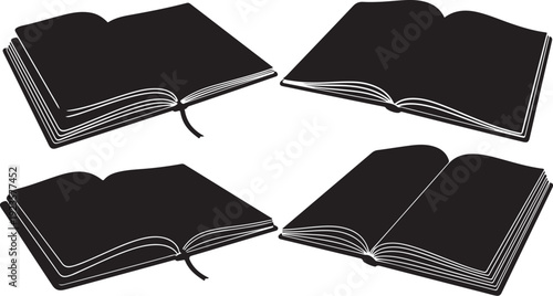 Four black open and closed notebooks on white background