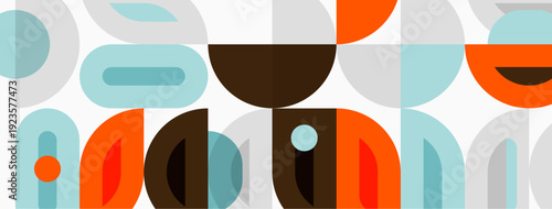 Abstract geometric pattern. Shapes overlap, creating midcentury modern aesthetic. Colors include orange, blue, brown, gray. Simple design.