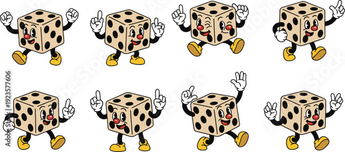 Vector illustration set of a retro dice mascot character featuring classic vintage cartoon style with various expressive poses like cheering, walking, and pointing isolated on white background.