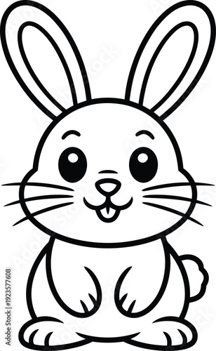 Cute cartoon bunny rabbit outline for coloring book page, simple line art drawing of a happy little rabbit with big ears and tongue sticking out