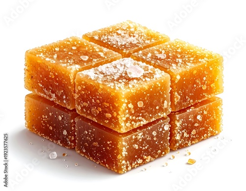 Stacked, caramel-colored cubes with a sugar dusting, isolated on white, creating an abstract, delicious, textured dessert