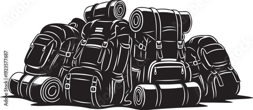 Collection of various backpacks and luggage in black outline