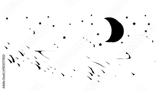 Dreamy Paper Cut Night Sky Vector with Half Moon Stars and Clouds