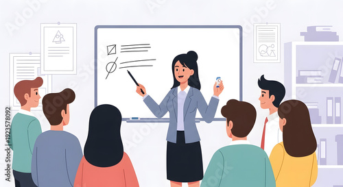 Professional Businesswoman Leading a Team Presentation in a Modern Office