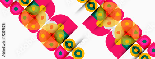 Abstract geometric pattern. Pink squares overlap colorful circles creating dynamic visual texture. Bright hues dominate composition.