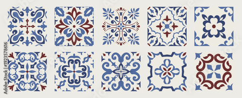 Set of 10 tiles azulejios. Mediterranean tile,  seamless patterns. Spanish, Sicilian, Portuguese, Italian traditional ornaments. Set of floral mosaic designs with ethnic motifs. vecto