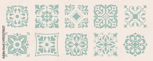 Set of 10 tiles azulejios. Mediterranean tile,  seamless patterns. Spanish, Sicilian, Portuguese, Italian traditional ornaments. Set of floral mosaic designs with ethnic motifs. vecto