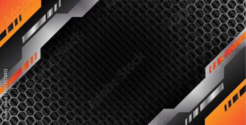 Modern E-sport gaming background with orange and black carbon fiber texture, futuristic metallic geometric design. vector.