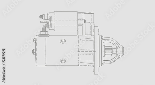Detailed automotive starter motor technical drawing illustration. Essential car engine component outline graphic for vehicle repair.