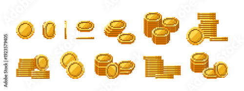 Pixel art of coins set. Money for 8 bit computer games. Gold, stacks of cash for 8bit old videogame. Finances emojis. Golden savings icons. Flat isolated vector illustrations on white background
