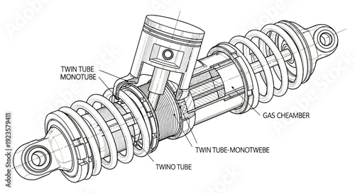 Engineering diagram of an automotive or motorcycle shock absorber showing internal piston, spring, and gas-chamber components.