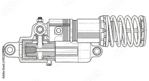 Cross-section technical drawing of a hydraulic shock absorber with a spring, illustrating internal mechanics for suspension systems