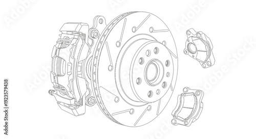 Automotive disc brake system assembly technical drawing outline with caliper, rotor, and pads. Vehicle braking component illustration.