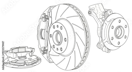 Technical line drawing of automotive brake system components: disc rotor, caliper, and wheel hub assembly illustration.