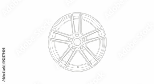 Vector line art illustration of a sleek five-spoke automotive wheel rim, perfect for car design, isolated on a clean white background