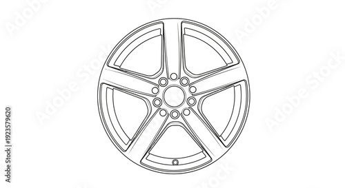 Technical line drawing vector illustration of a modern five-spoke alloy car wheel rim for automotive graphics and designs