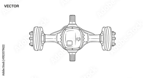 Automotive Rear Axle Differential Assembly Vector Line Art Diagram. Heavy Duty Vehicle Drivetrain Component Illustration.