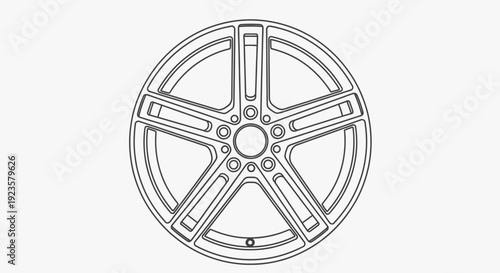 Outline drawing of a modern five-spoke alloy car wheel rim, perfect for automotive design, vehicle customization, and repair