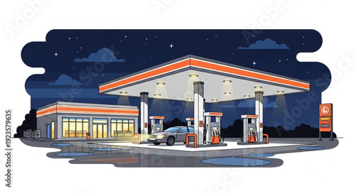 Gas Station at Night with Car.
