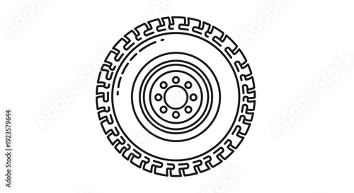 Vector outline illustration of a rugged off-road tire with a wheel rim. Automotive, transport, and industry design element.