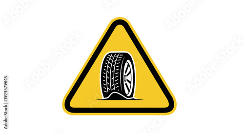 Yellow triangular warning sign with a flat tire and rim vector icon, indicating a punctured vehicle wheel hazard and roadside problem.
