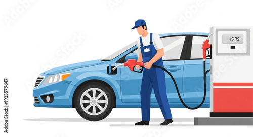 Gas Station Attendant Refueling Car.