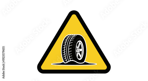 Yellow warning sign icon with tire stuck in mud, caution for soft ground, bad road conditions, off-road driving hazard, or vehicle difficulties.
