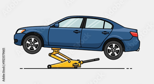 Blue sedan car lifted by a hydraulic floor jack for repair or maintenance. Auto service, tire change, vehicle inspection illustration.