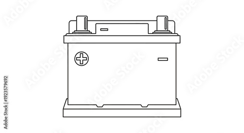 Automotive Car Battery Line Art Vector Illustration. Generic Vehicle Power Source with Positive and Negative Terminals and Symbols.