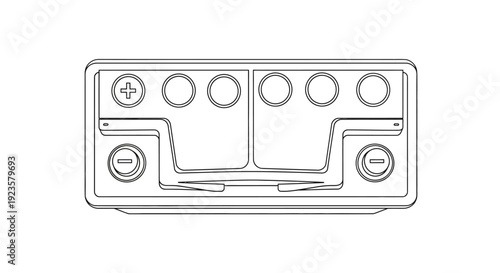 Automotive Car Battery Line Art Drawing, Top View Icon. Vehicle Power Accumulator with Positive and Negative Terminals.