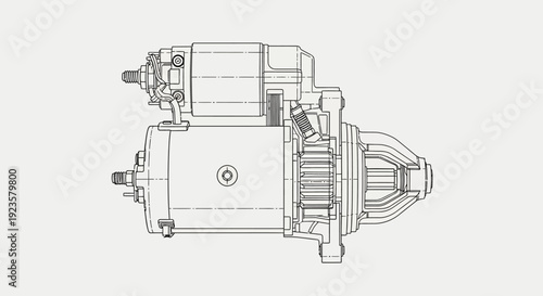 Technical drawing illustration of an automotive starter motor, a vital car engine component for vehicle ignition systems.