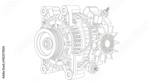 Technical line drawing of an automotive alternator, a crucial car engine component for generating electrical power in vehicles.