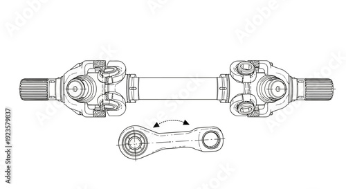 Universal joint driveshaft assembly technical drawing. Detailed mechanical engineering illustration for automotive power transmission components.