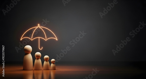 Wooden family figures under a glowing umbrella, symbolizing protection and security on a dark background.