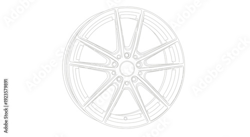 Automotive multi-spoke alloy wheel rim outline illustration, clean vector line art for vehicle design and concept