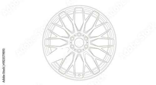 Automotive Car Wheel Rim Outline Vector Illustration. Detailed Line Art Drawing of a Vehicle Alloy Wheel Design.