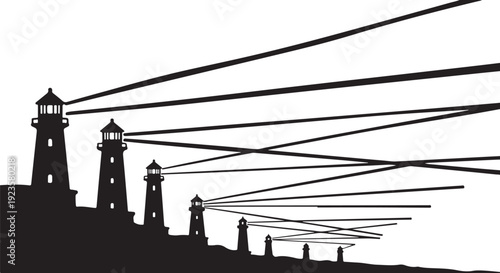 Lighthouse Silhouettes with Beams of Light on White Background