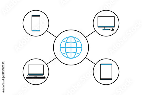 スマホやパソコンなどの様々な情報端末の通信インフラをイメージしたイラスト