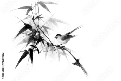 Delicate monochrome illustration of a bird perched on bamboo branches