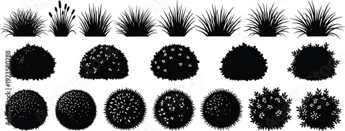 Grass and round bush silhouette collection, black garden shrub plant nature vector set isolated