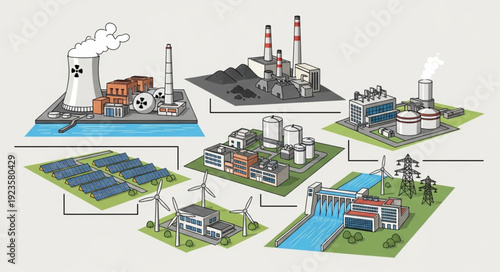 Diverse Energy Sources Depicted in an Illustrated Diagram Representing Power Generation.