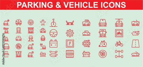 Stylish 3D icons for parking, vehicles, and transportation, featuring cars and bicycles