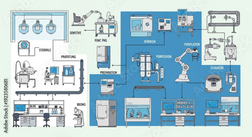Detailed illustration of laboratory equipment and scientific processes in a modern setting.