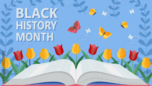 Vibrant flat illustration of an open book with tulips and butterflies celebrating black history month